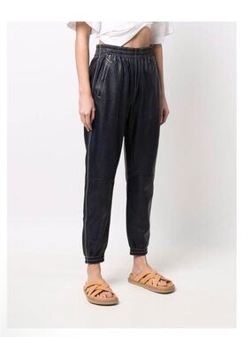 Ralph Lauren Navy Lamb Leather Joggers with Elastic Waist white stitching NWT